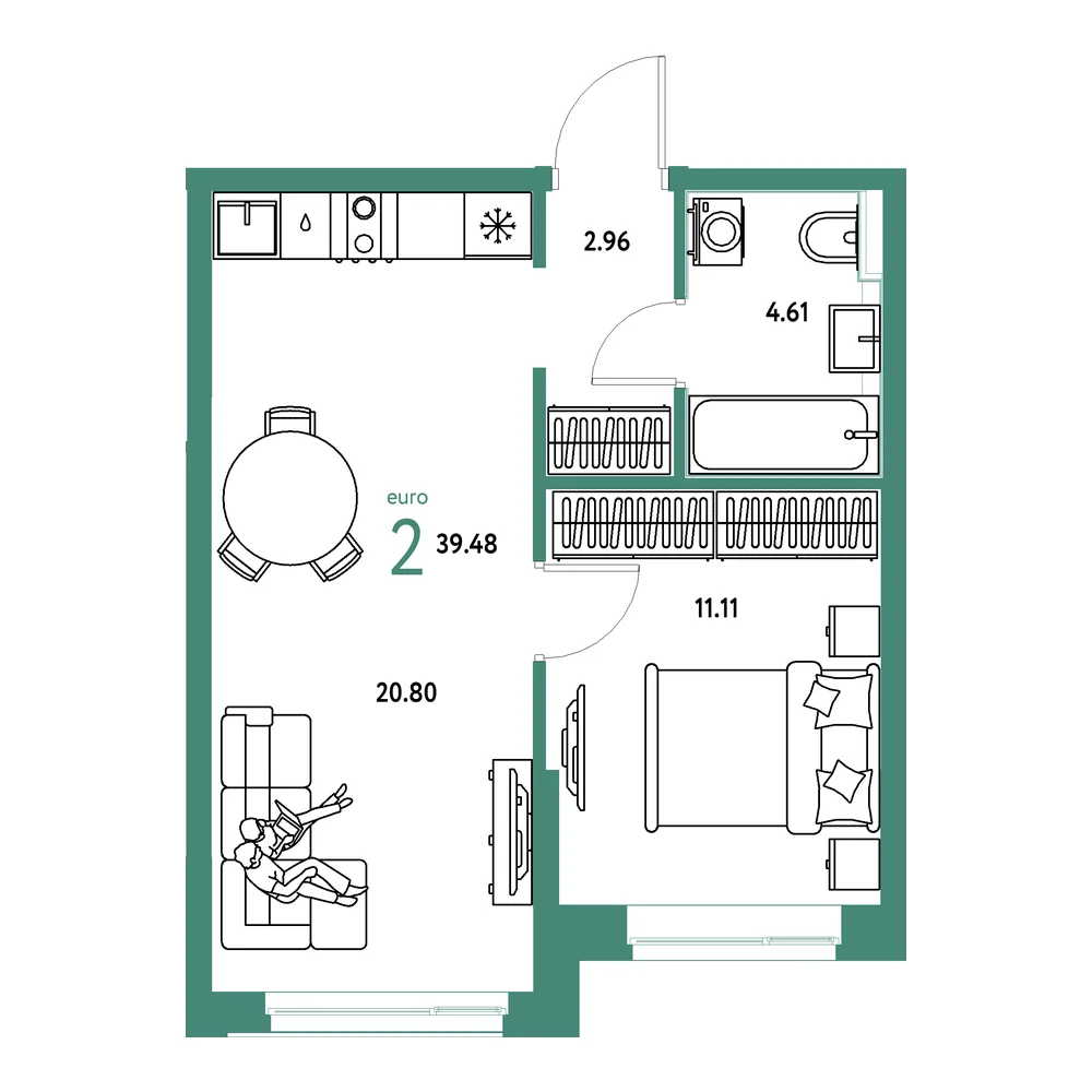 Планировка: Домашний 2-комнатная 39,48м²