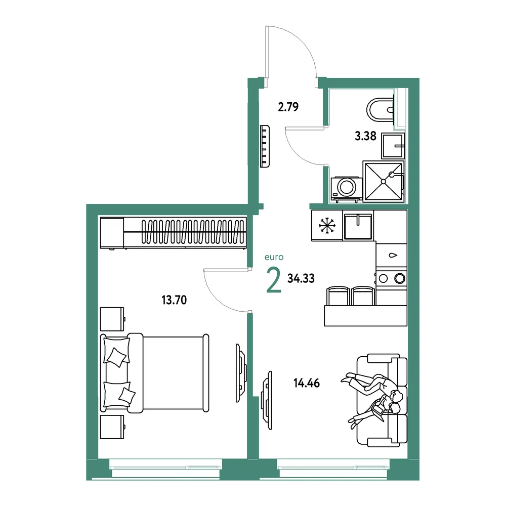 Планировка: Домашний 2-комнатная 34,33м²