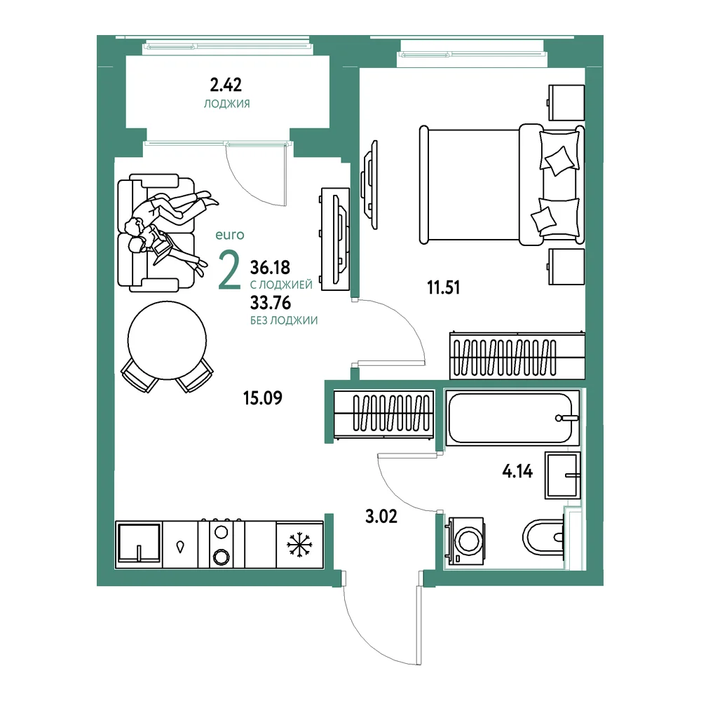 Планировка: Домашний 2-комнатная 36,18м²
