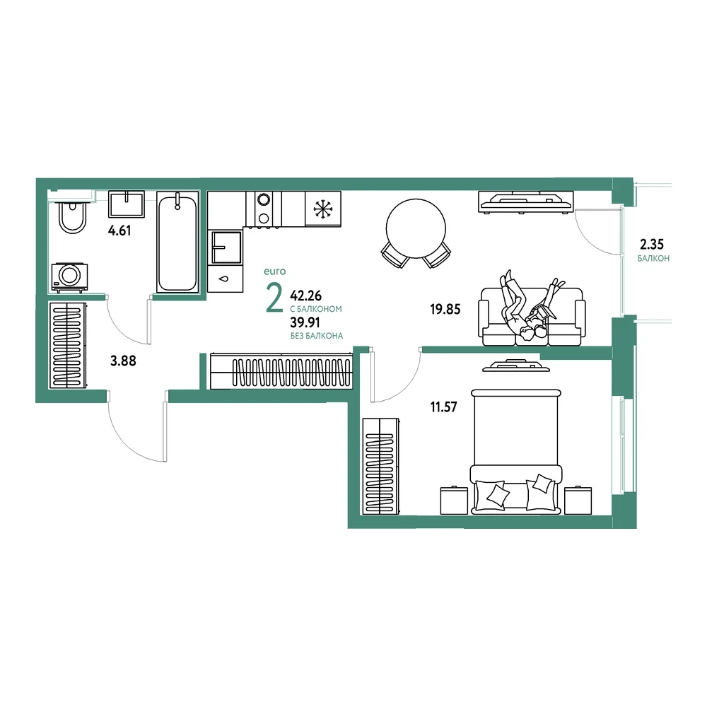 Планировка: Домашний 2-комнатная 42,26м²