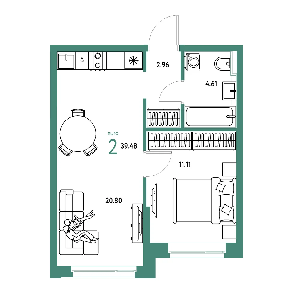 Планировка: Домашний 2-комнатная 39,48м²
