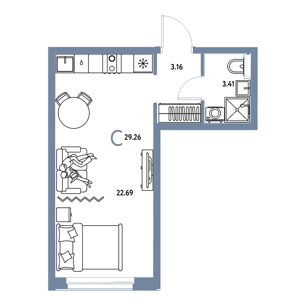 Планировка: Домашний Студия 29,26м²