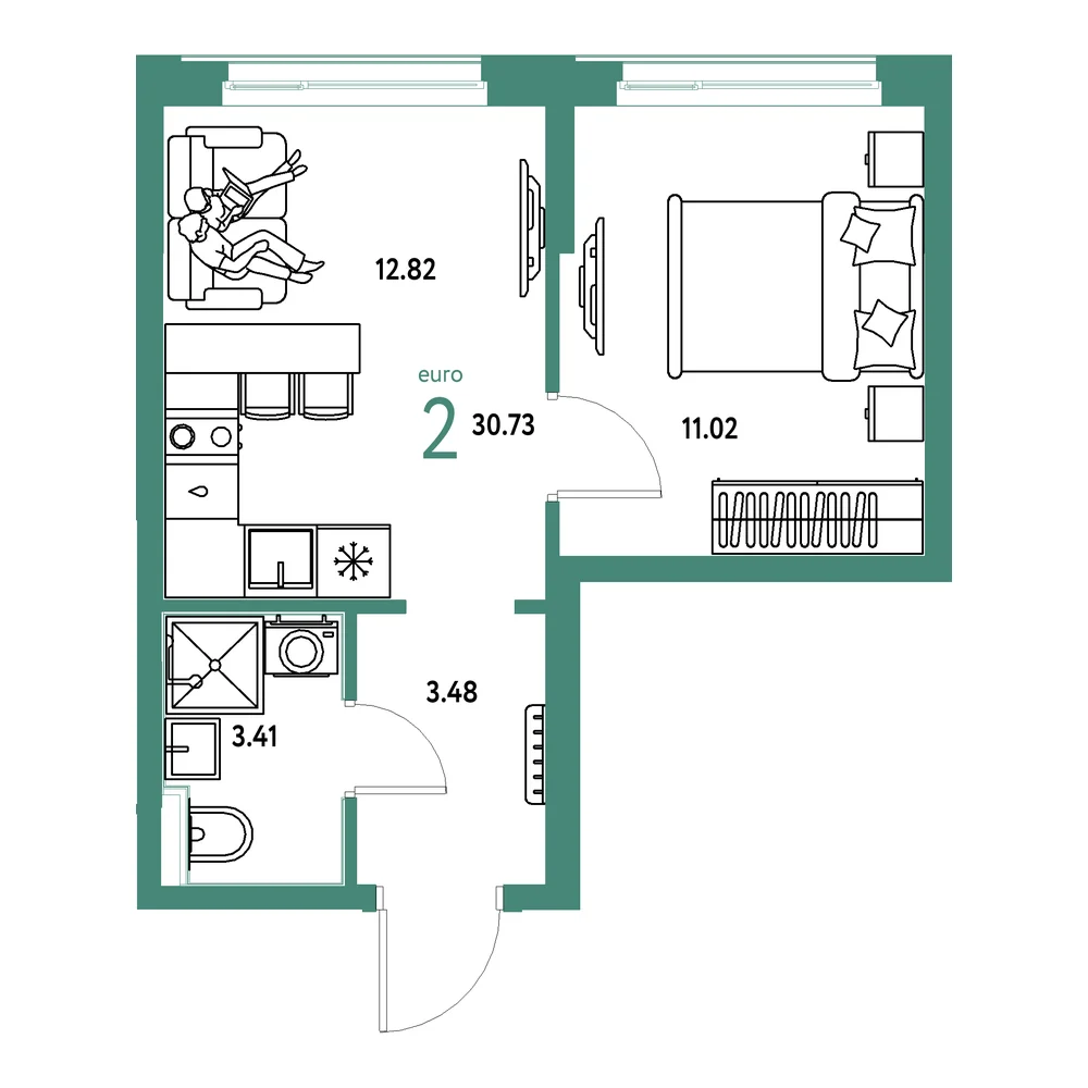 Планировка: Домашний 2-комнатная 30,73м²