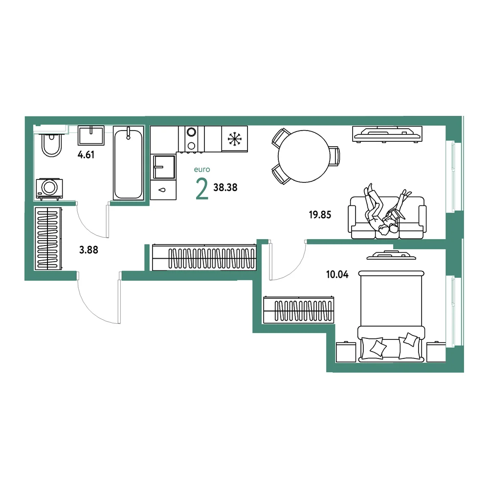 Планировка: Домашний 2-комнатная 38,38м²