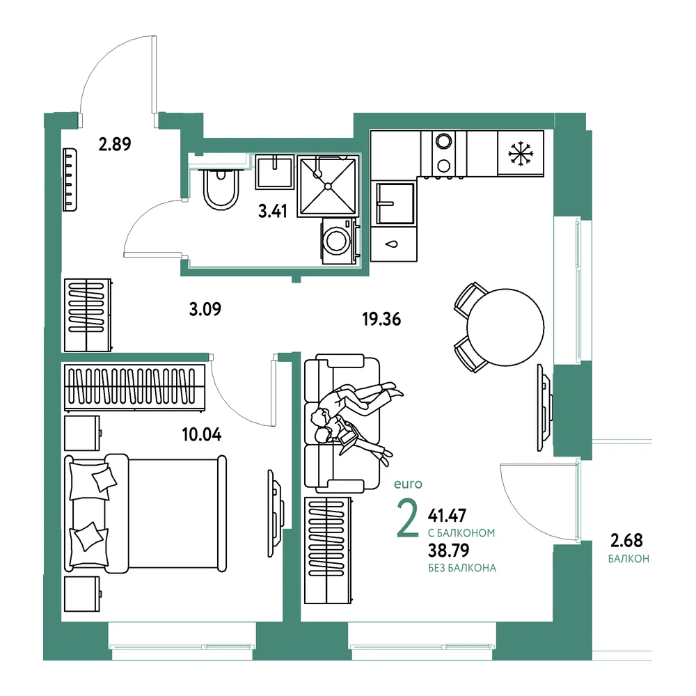 Планировка: Домашний 2-комнатная 41,47м²