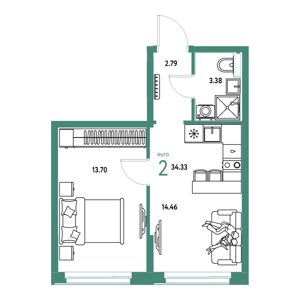 Планировка: Домашний 2-комнатная 34,33м²