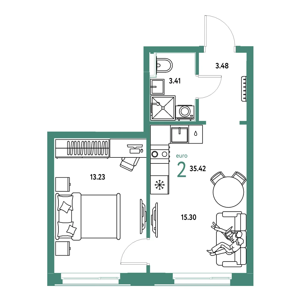 Планировка: Домашний 2-комнатная 35,42м²