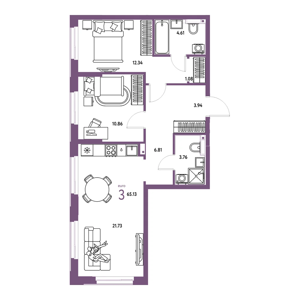 Планировка: Домашний 3-комнатная 65,13м²