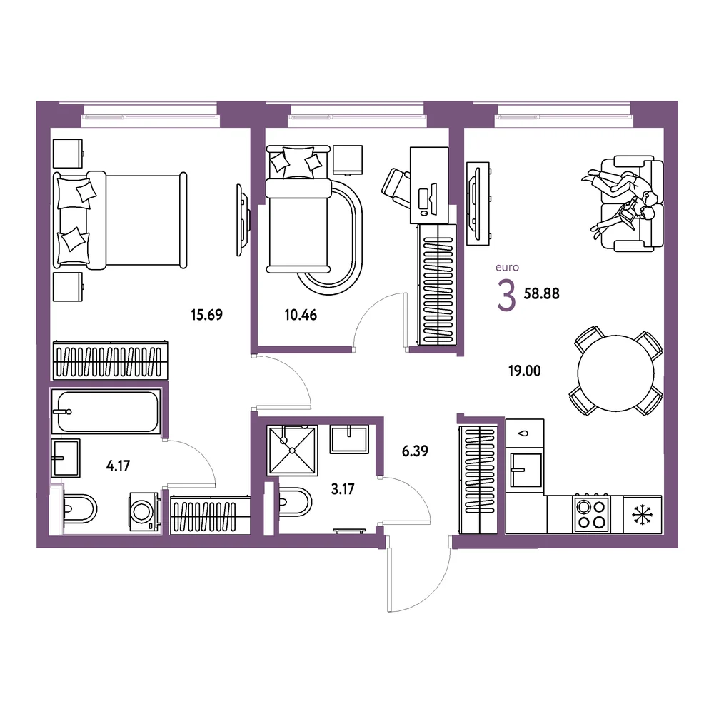 Планировка: Домашний 3-комнатная 58,88м²