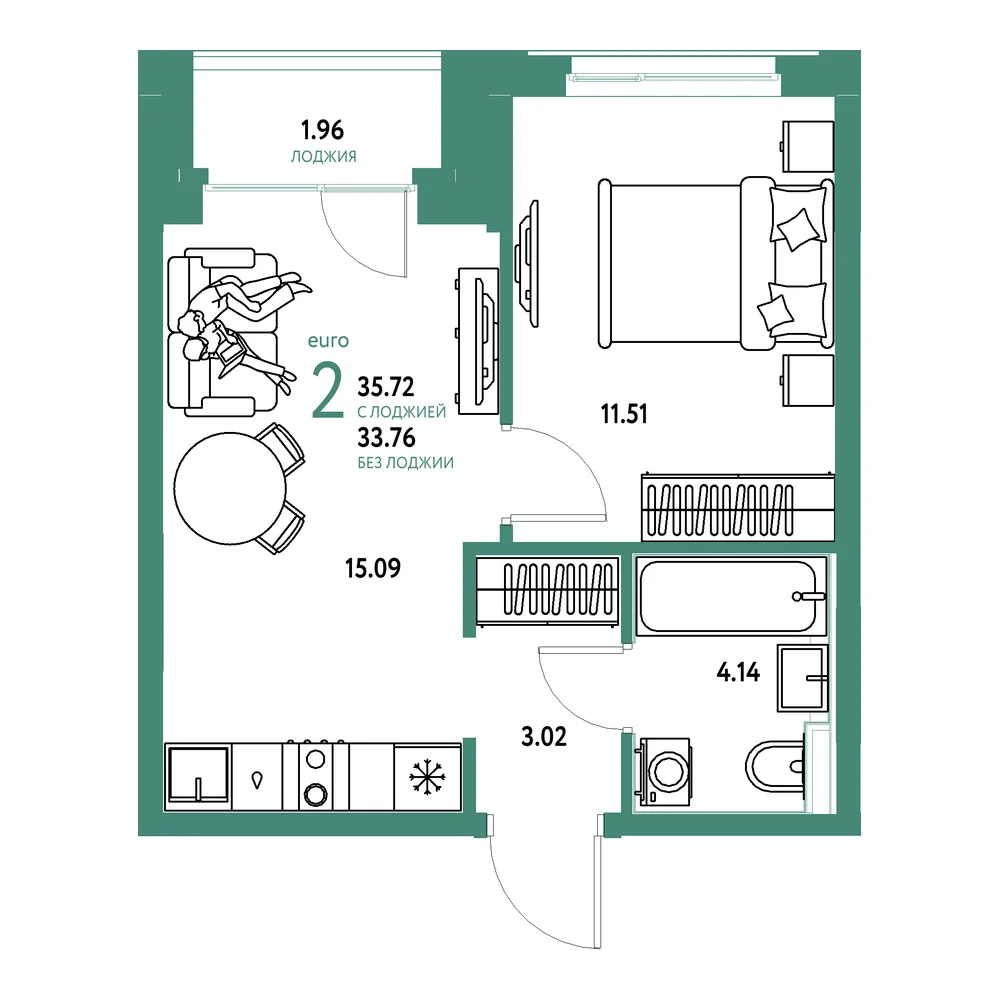 Планировка: Домашний 2-комнатная 35,72м²