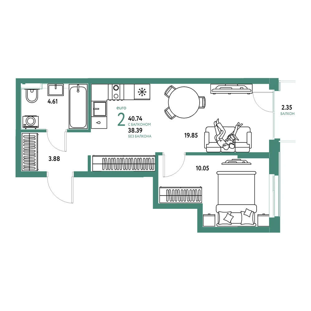 Планировка: Домашний 2-комнатная 40,74м²