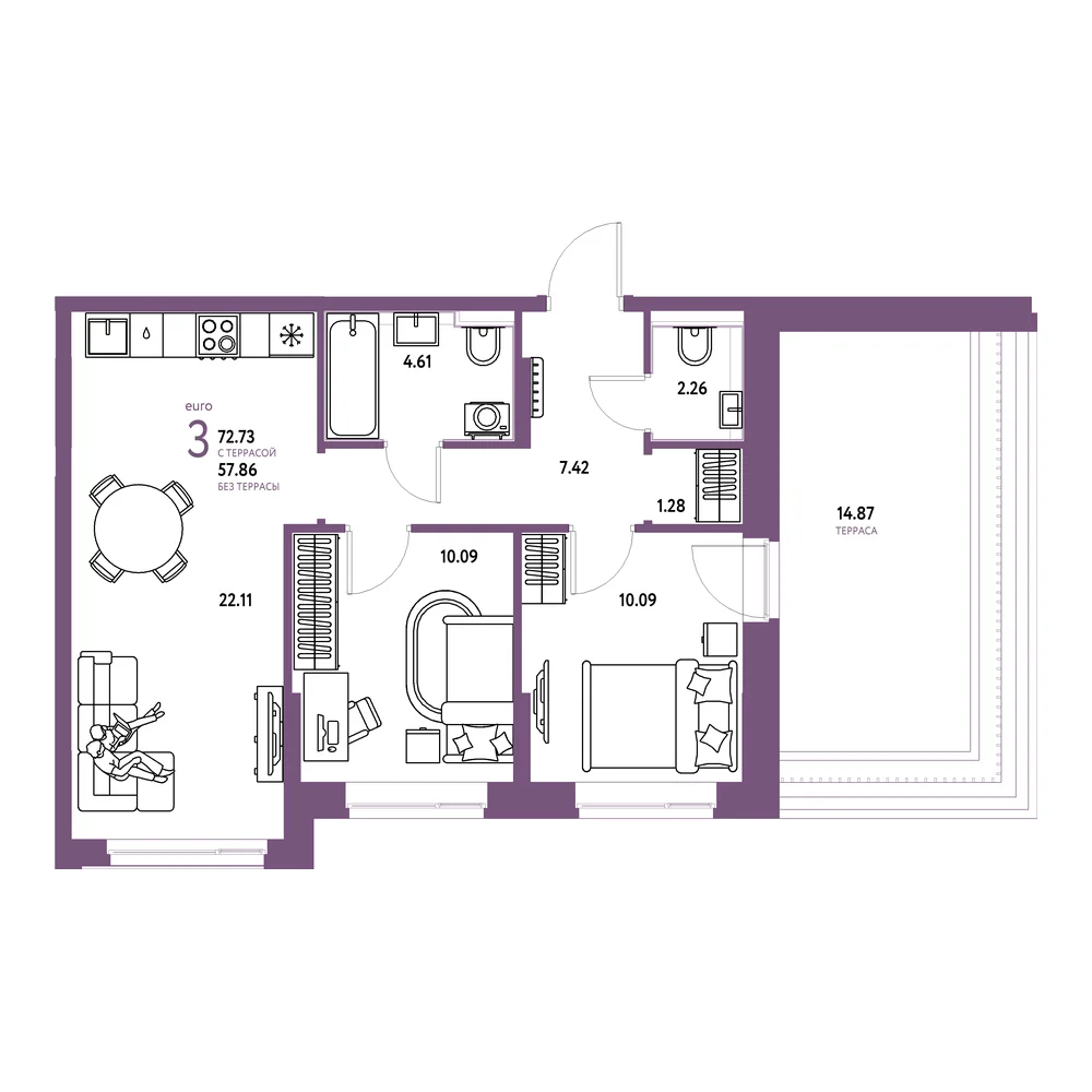 Планировка: Домашний 3-комнатная 72,73м²