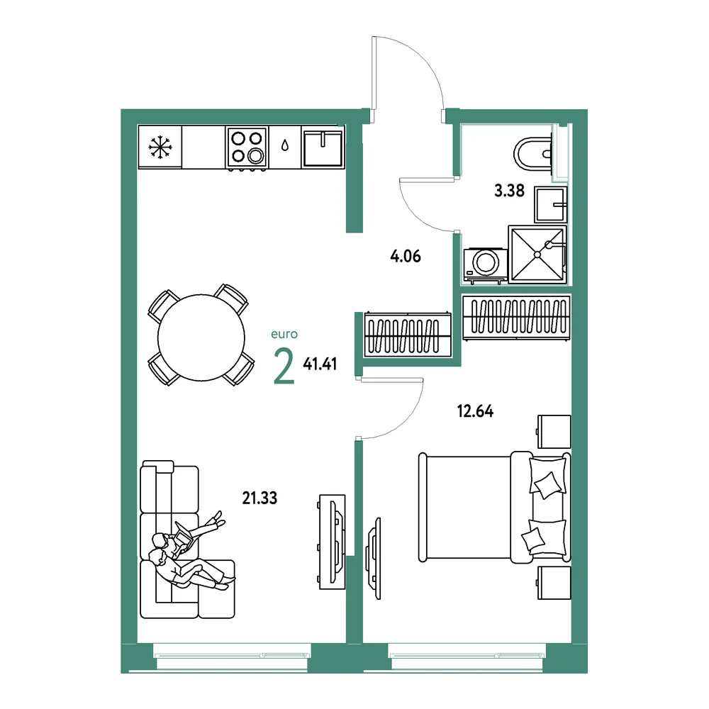 Планировка: Домашний 2-комнатная 41,41м²