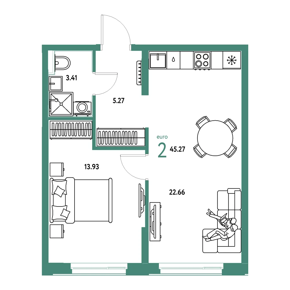 Планировка: Домашний 2-комнатная 45,27м²