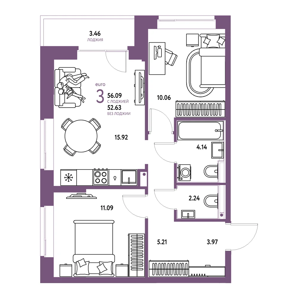 Планировка: Домашний 3-комнатная 56,09м²