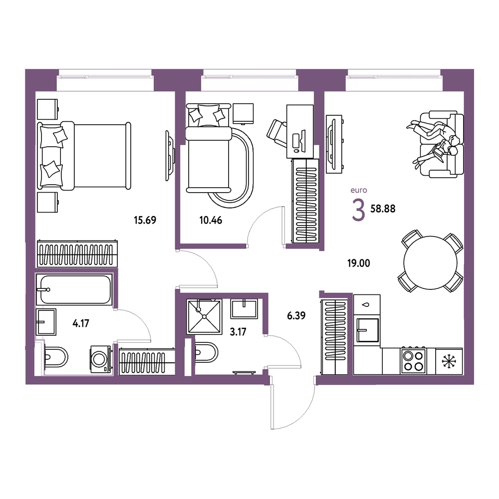 Планировка: Домашний 3-комнатная 58,88м²