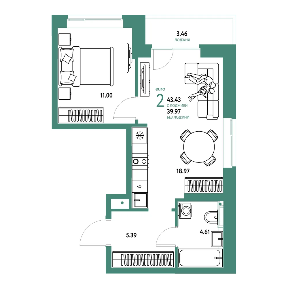 Планировка: Домашний 2-комнатная 43,43м²