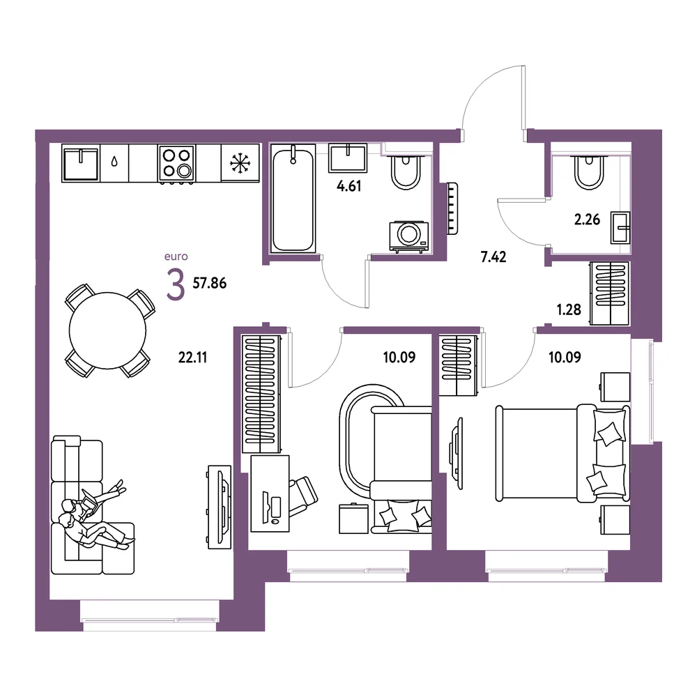 Планировка: Домашний 3-комнатная 57,86м²