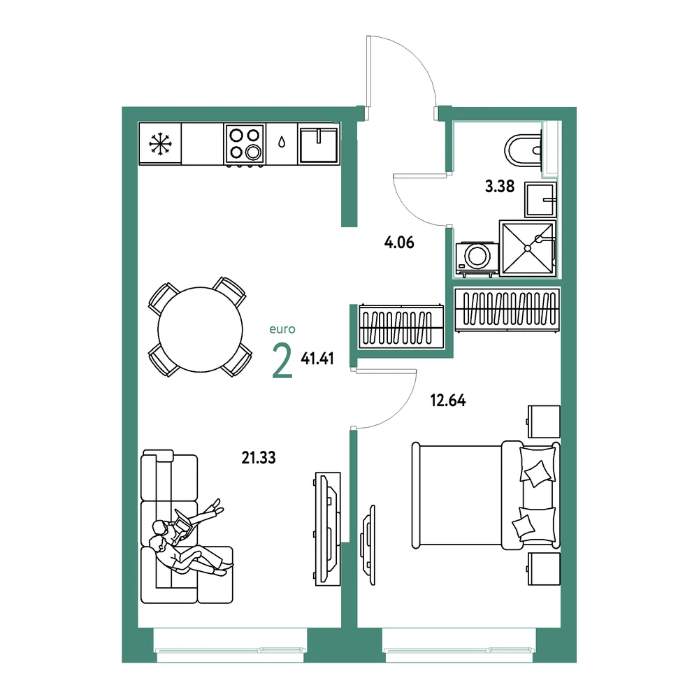 Планировка: Домашний 2-комнатная 41,41м²