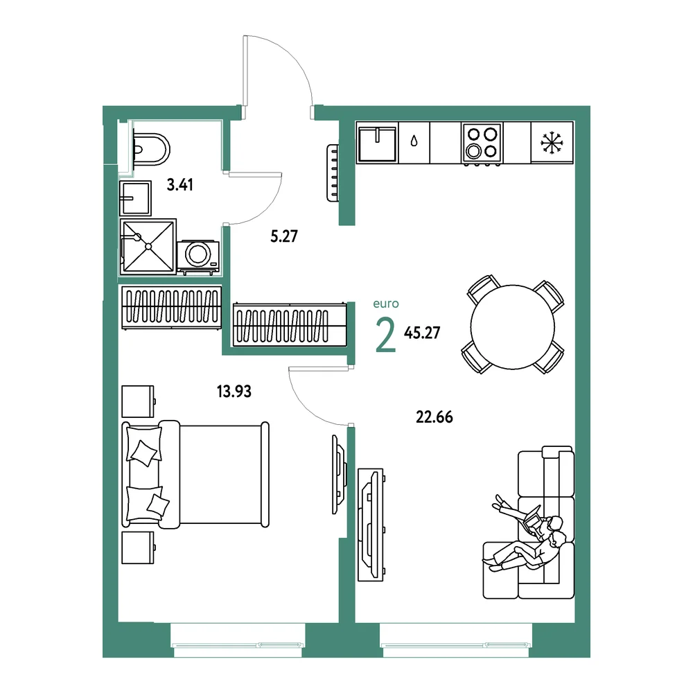 Планировка: Домашний 2-комнатная 45,27м²