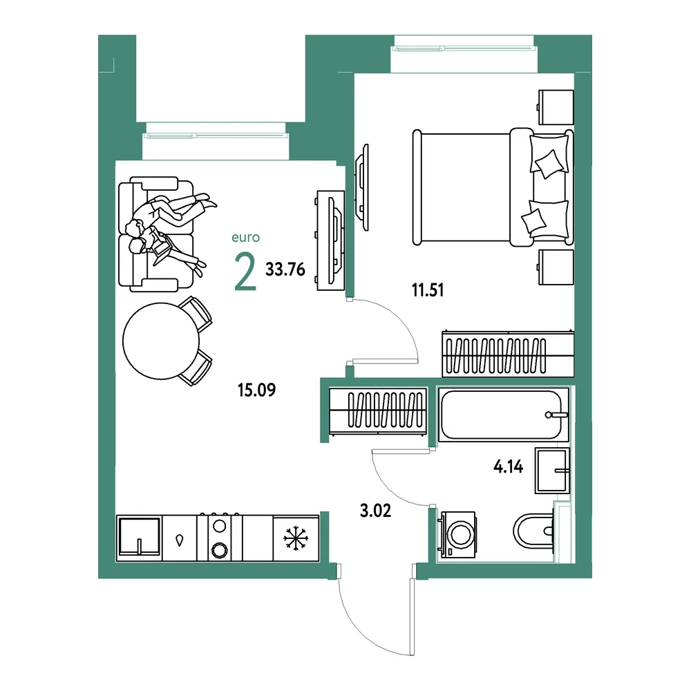 Планировка: Домашний 2-комнатная 33,76м²