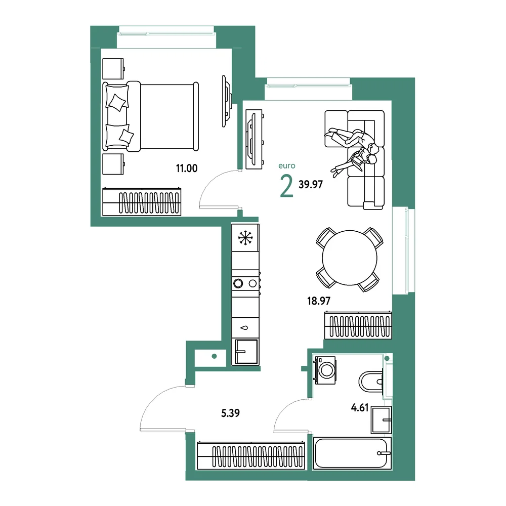 Планировка: Домашний 2-комнатная 39,97м²