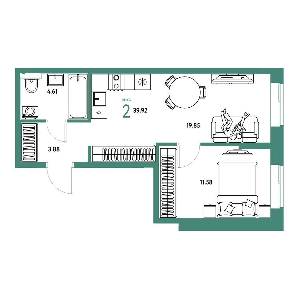 Планировка: Домашний 2-комнатная 39,92м²