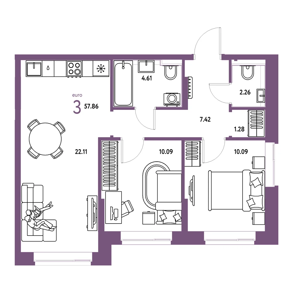 Планировка: Домашний 3-комнатная 57,86м²