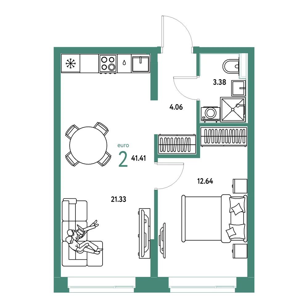 Планировка: Домашний 2-комнатная 41,41м²