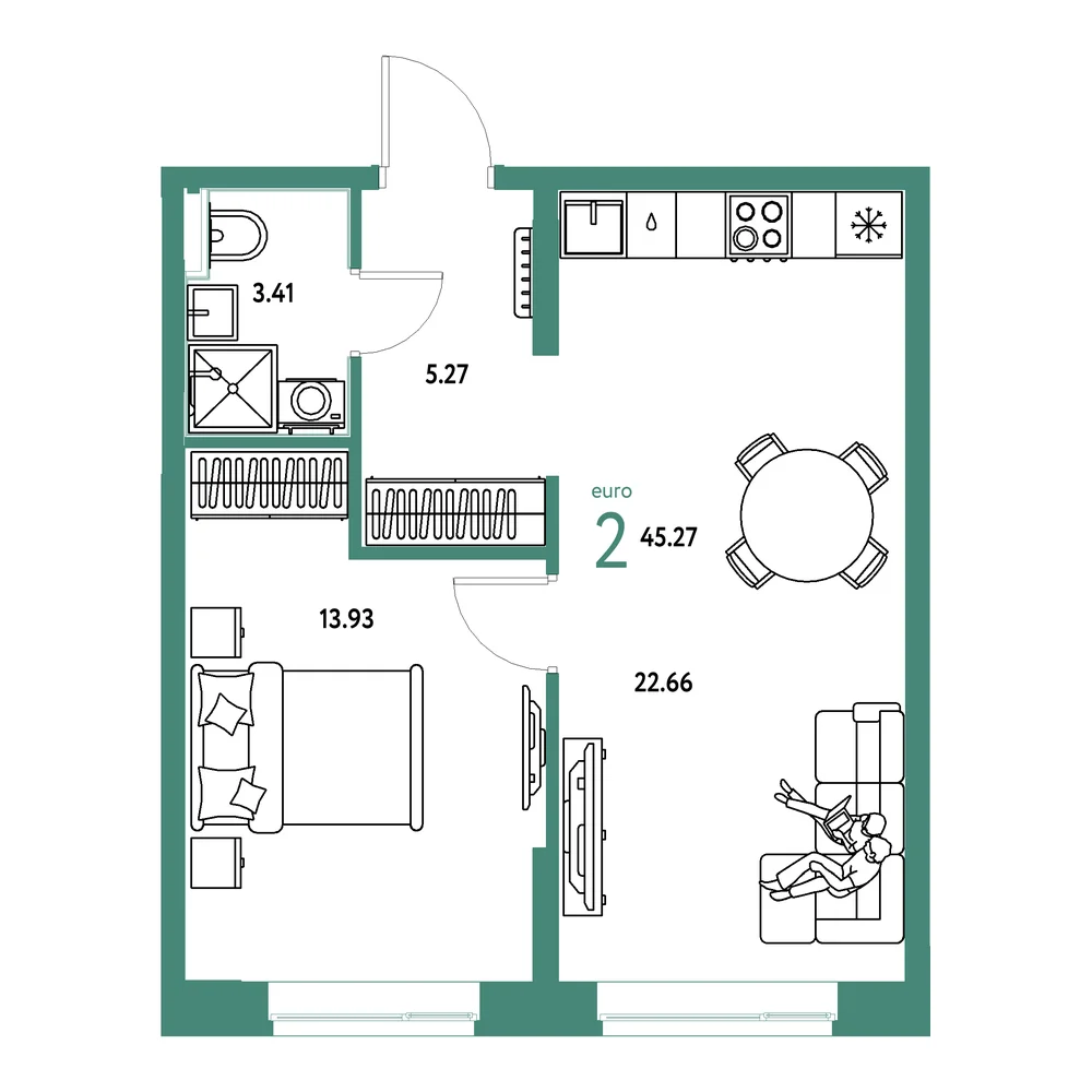 Планировка: Домашний 2-комнатная 45,27м²