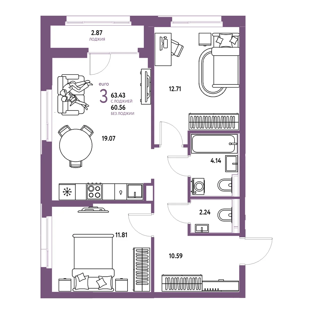 Планировка: Домашний 3-комнатная 63,43м²
