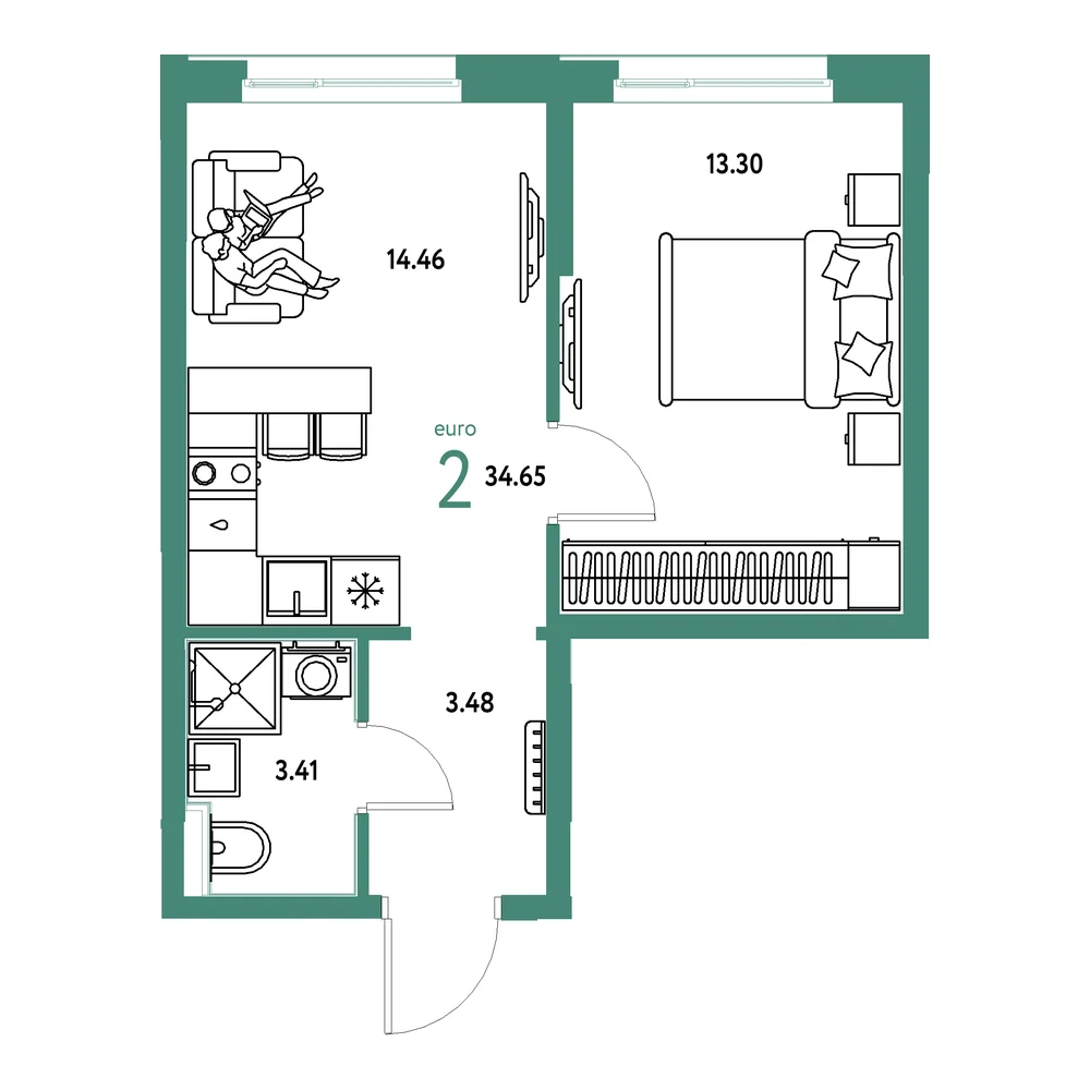 Планировка: Домашний 2-комнатная 34,65м²