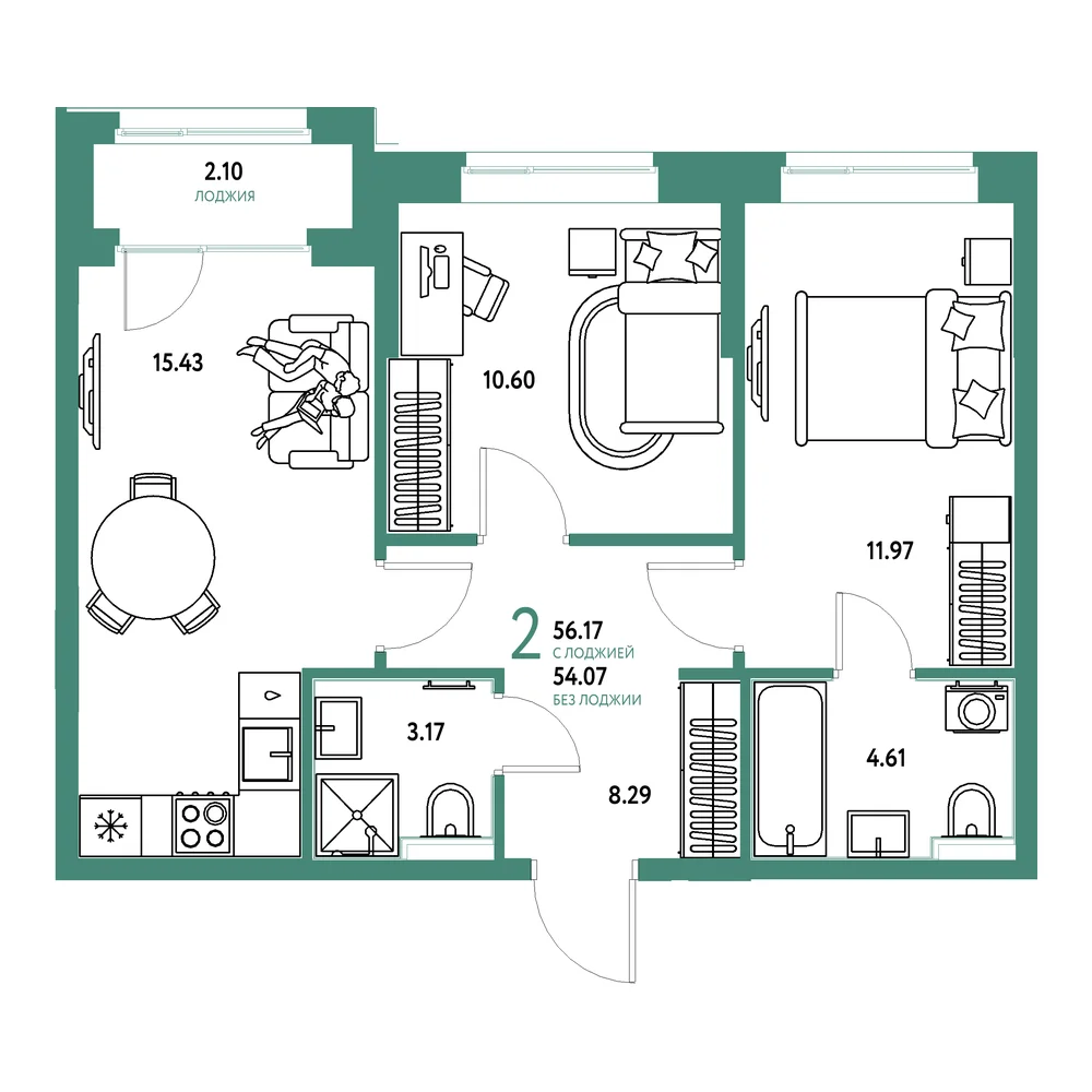 Планировка: Домашний 2-комнатная 56,17м²