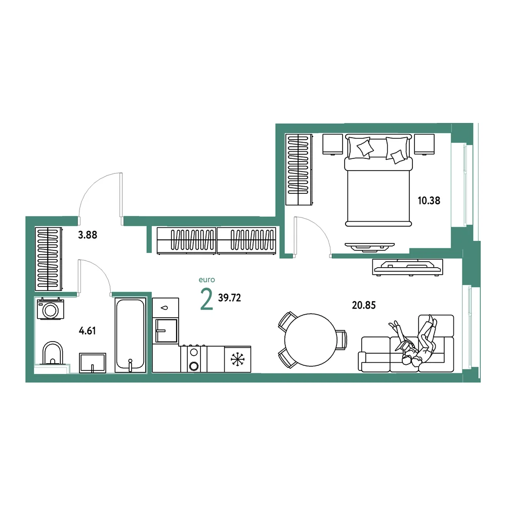 Планировка: Домашний 2-комнатная 39,72м²