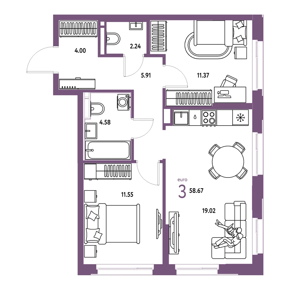 Планировка: Домашний 3-комнатная 58,67м²