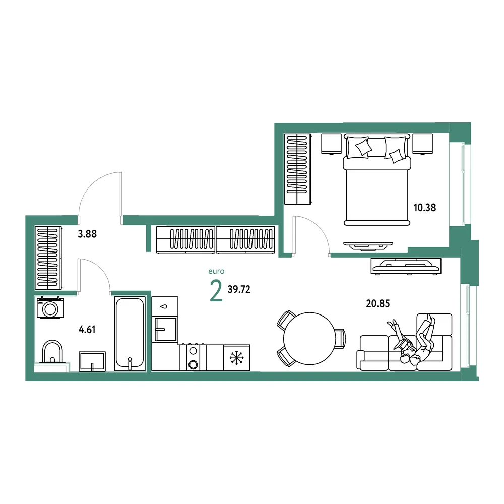 Планировка: Домашний 2-комнатная 39,72м²