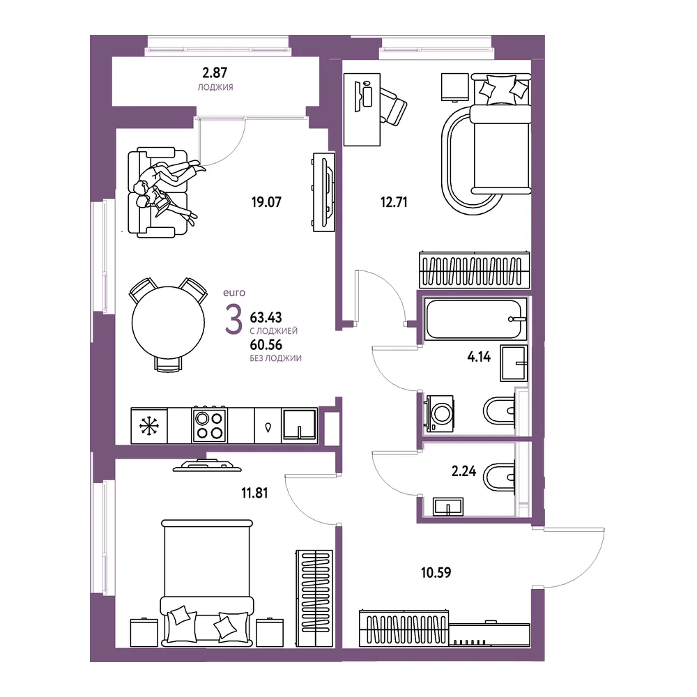Планировка: Домашний 3-комнатная 63,43м²