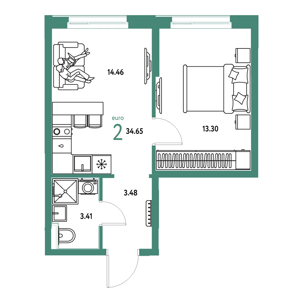 Планировка: Домашний 2-комнатная 34,65м²