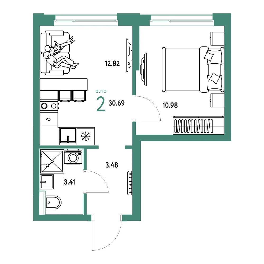 Планировка: Домашний 2-комнатная 30,69м²
