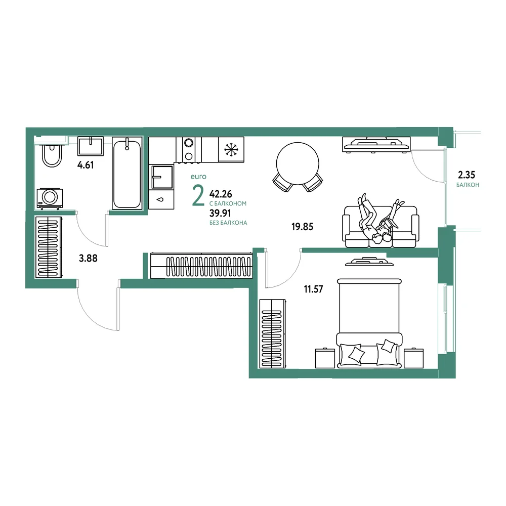 Планировка: Домашний 2-комнатная 42,26м²