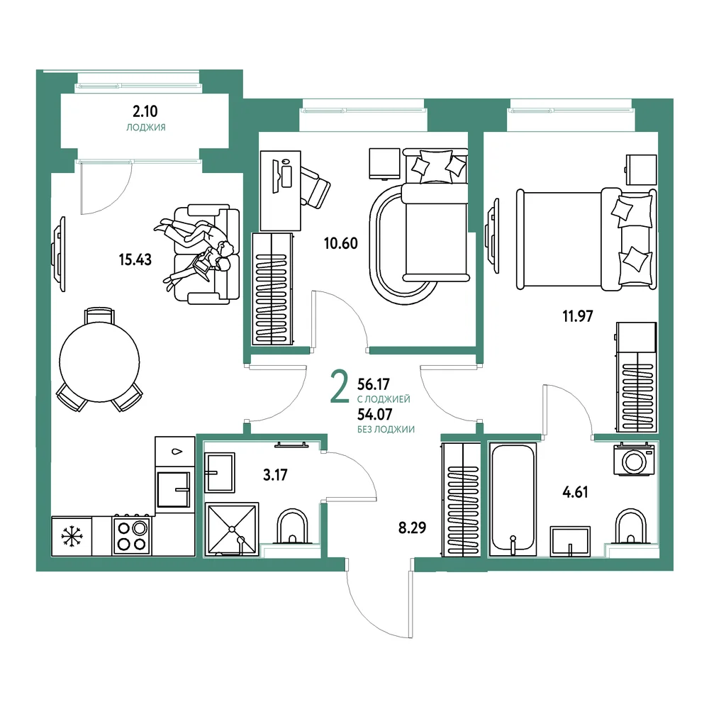 Планировка: Домашний 2-комнатная 56,17м²