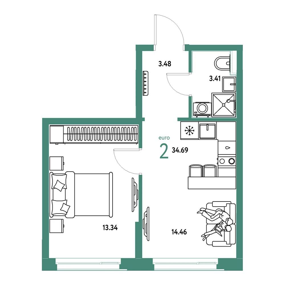 Планировка: Домашний 2-комнатная 34,69м²