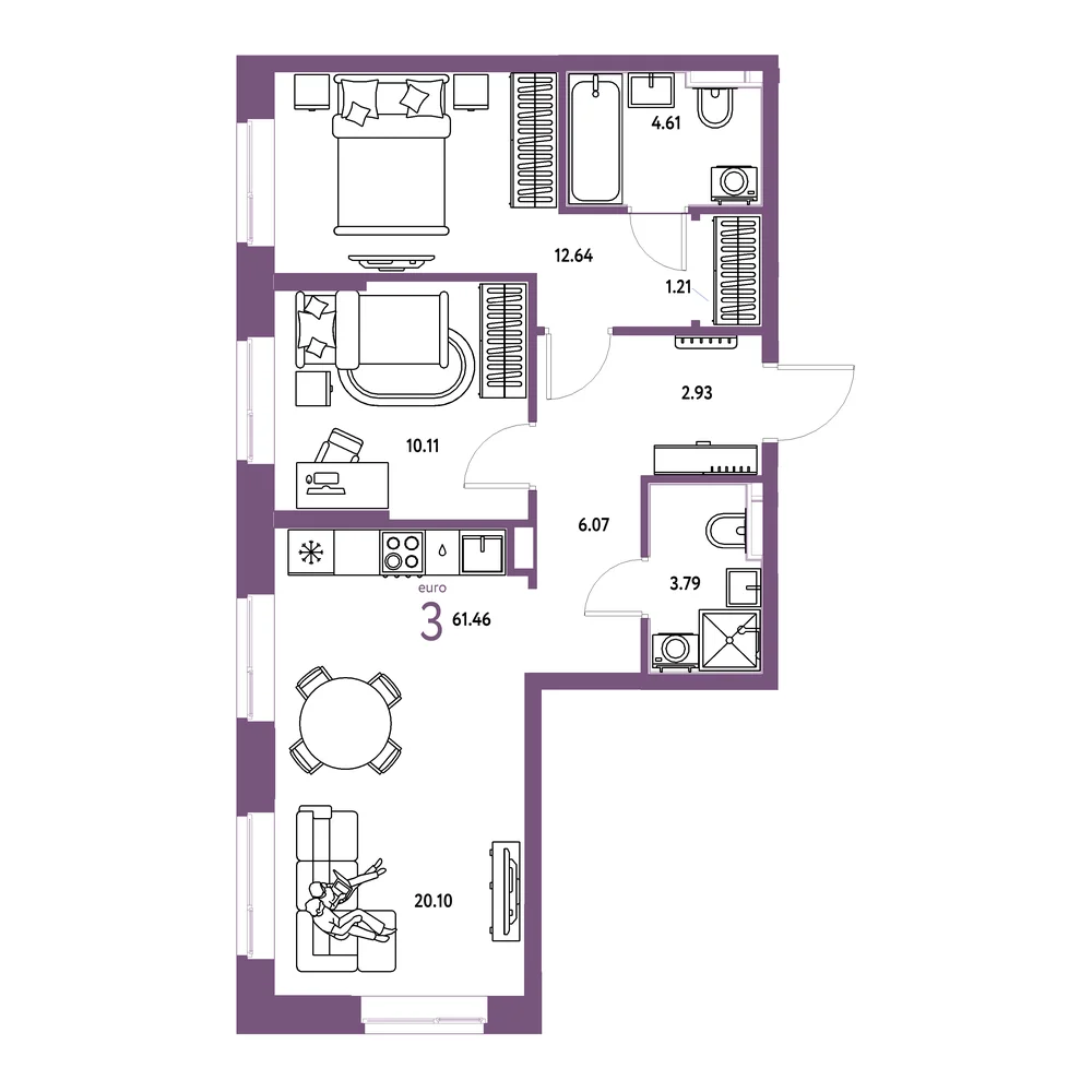 Планировка: Домашний 3-комнатная 61,46м²