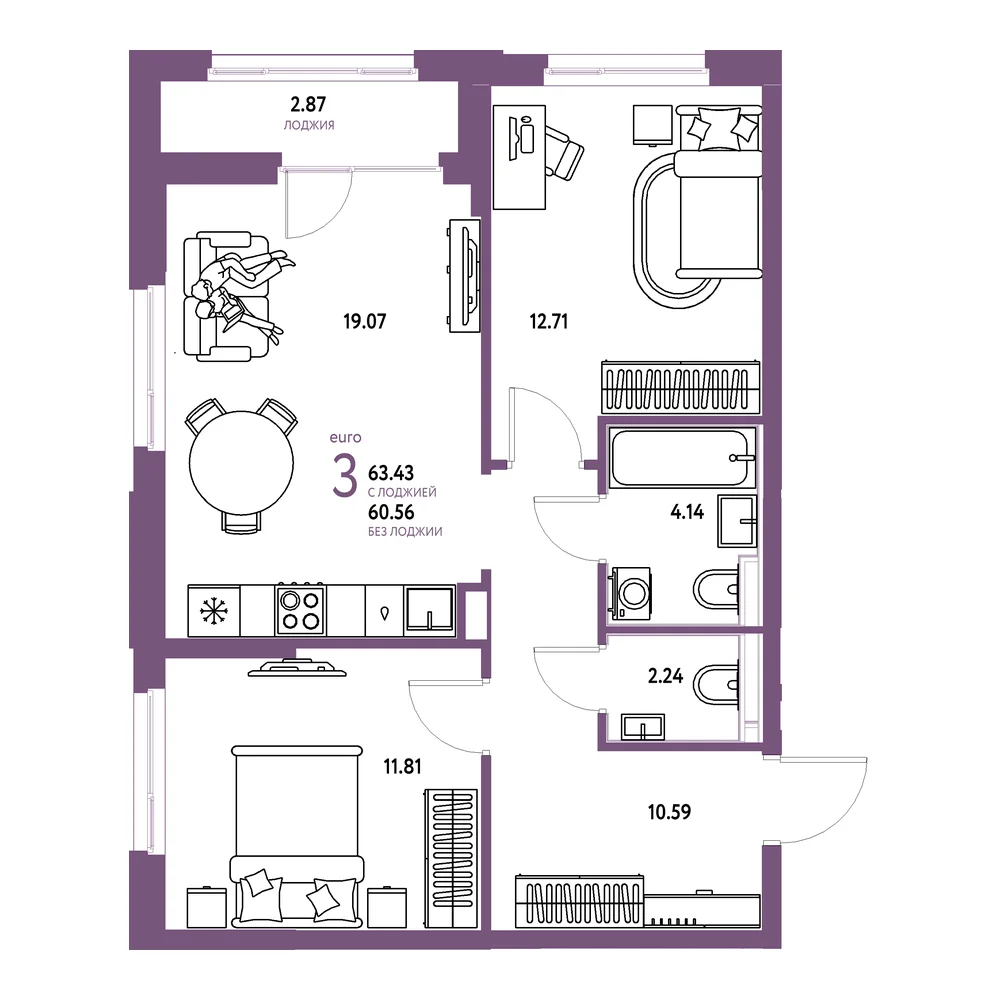 Планировка: Домашний 3-комнатная 63,43м²