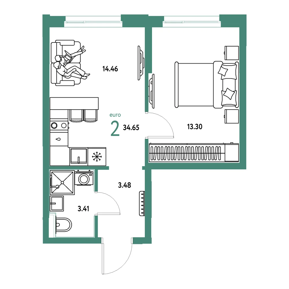 Планировка: Домашний 2-комнатная 34,65м²