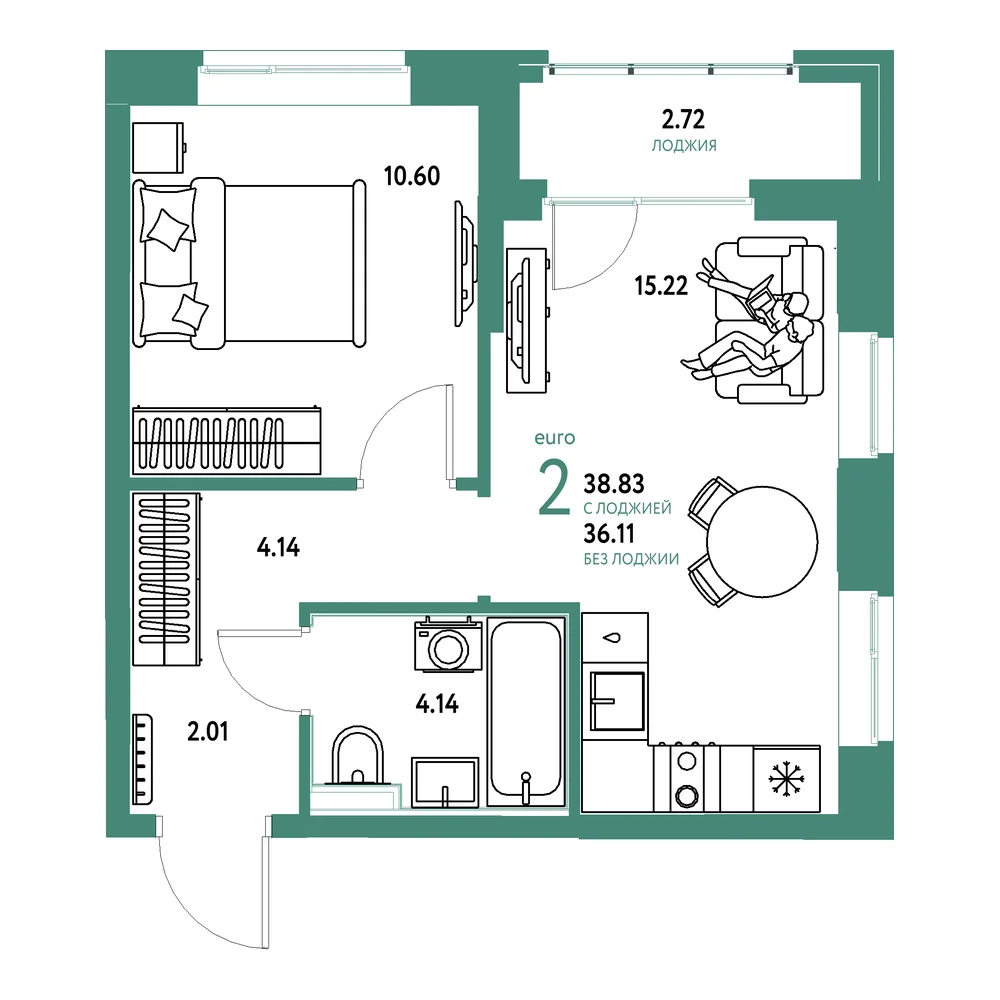 Планировка: Домашний 2-комнатная 38,83м²