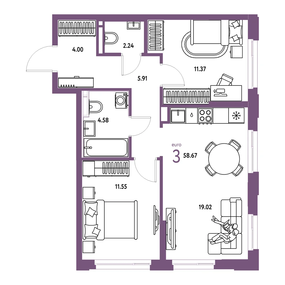 Планировка: Домашний 3-комнатная 58,67м²