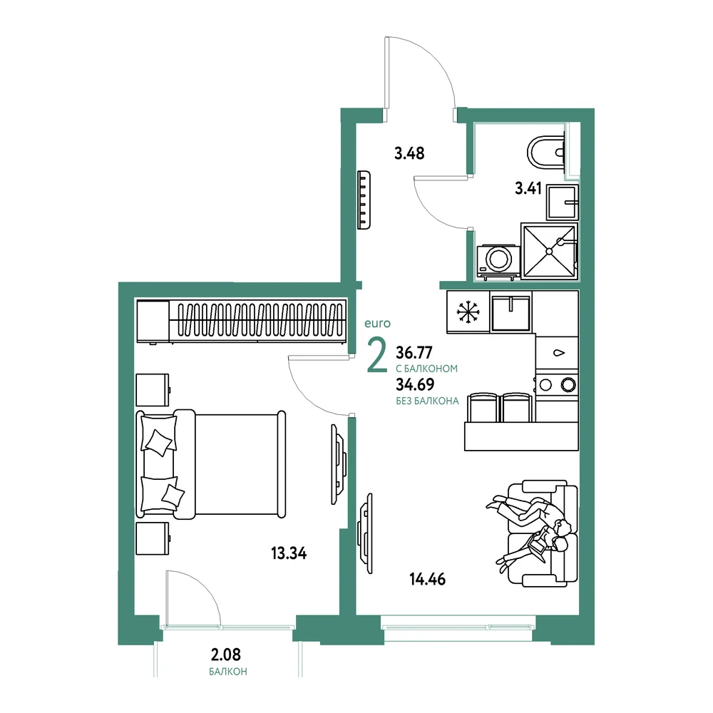 Планировка: Домашний 2-комнатная 36,77м²