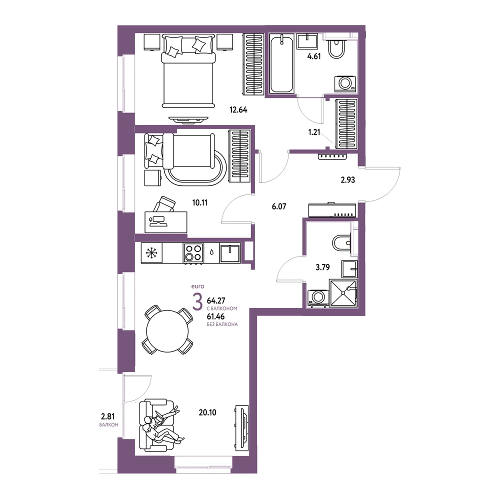 Планировка: Домашний 3-комнатная 64,27м²