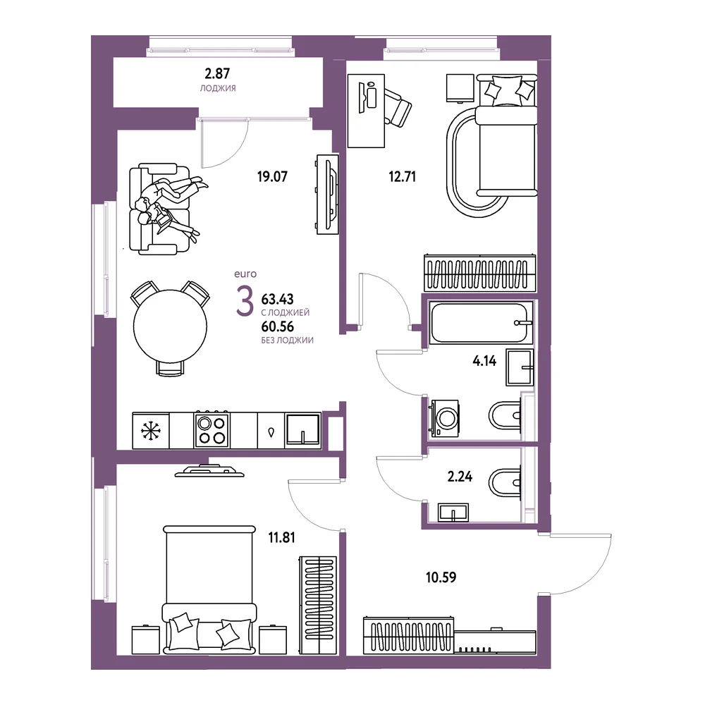 Планировка: Домашний 3-комнатная 63,43м²
